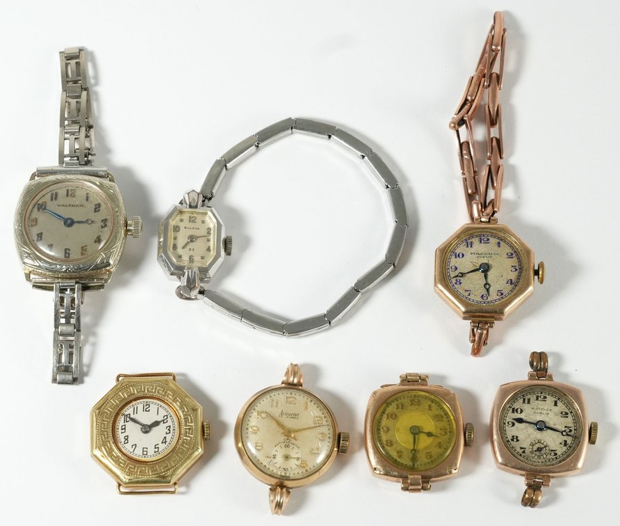 LWW lot (7) Assorted Swiss & American lady's mechanical models in 9-18K gold, 2 run