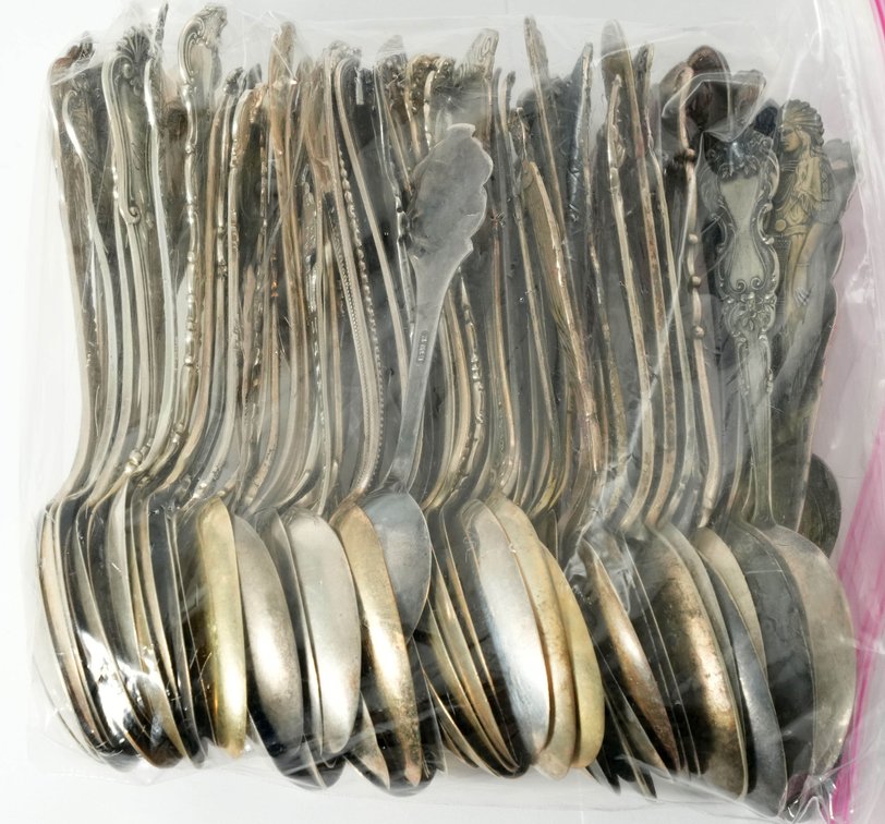 Large lot of assorted souvenir spoons, silver