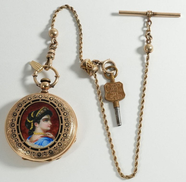 L Reymond, pendant watch, 43mm, 14K HC w/enamel detail, w/9K chain
