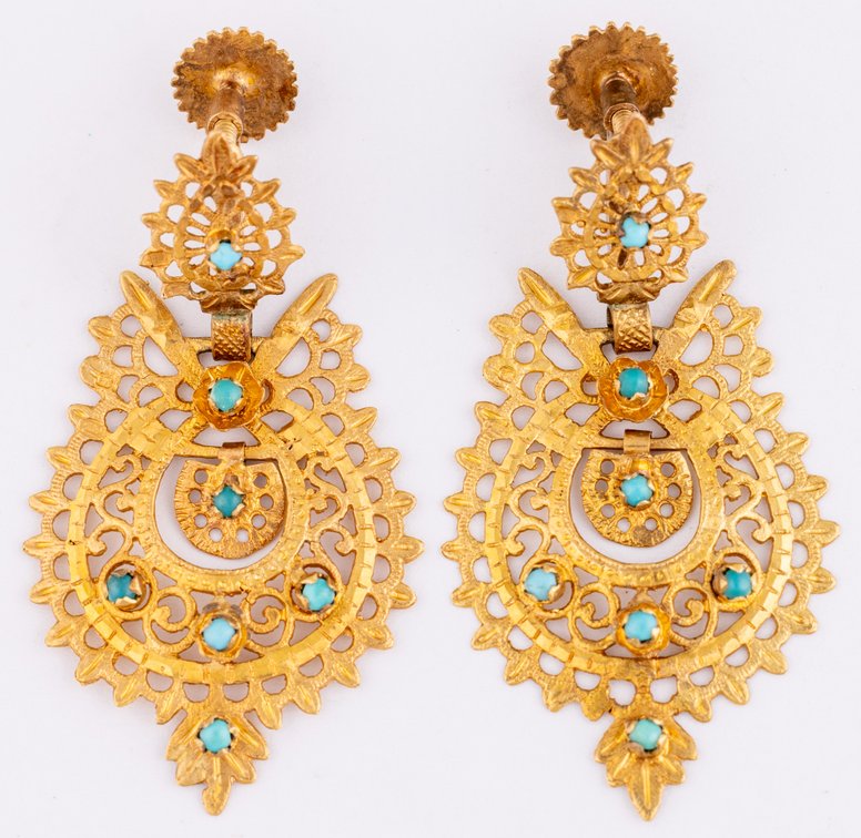 21K pierced Thai earrings set with turquoise cabochons