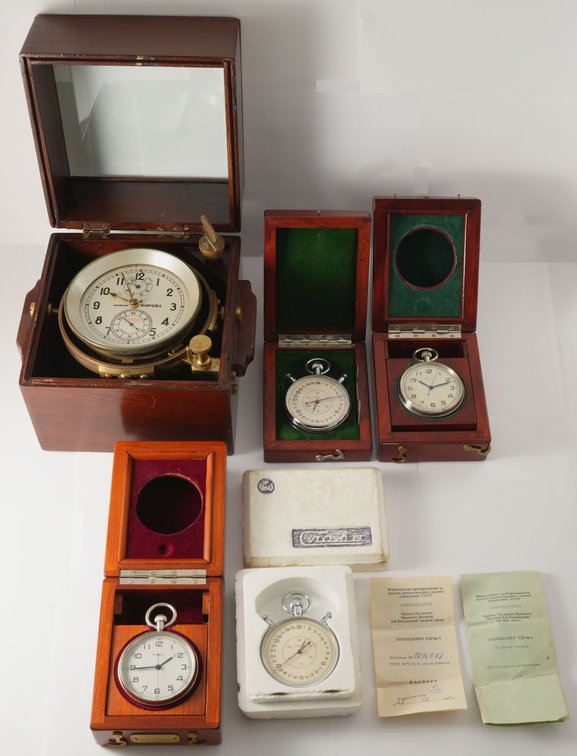 Lot (5) Includes marine chronometer and two deck watches, four run
