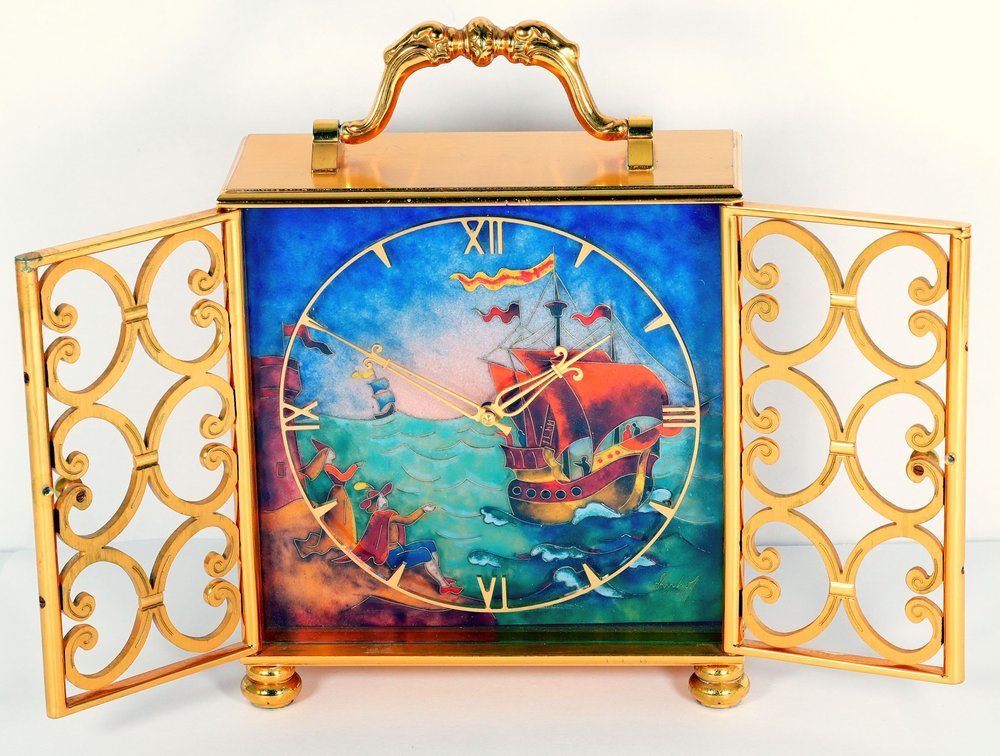 Imhof polychrome enamel table clock