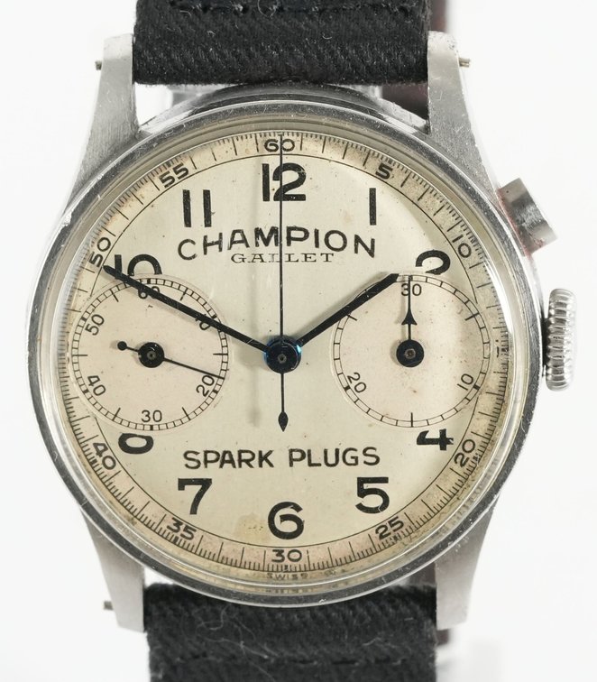 Gallet Monopusher Chronograph, "Champion Spark Plugs" dial, manual wind