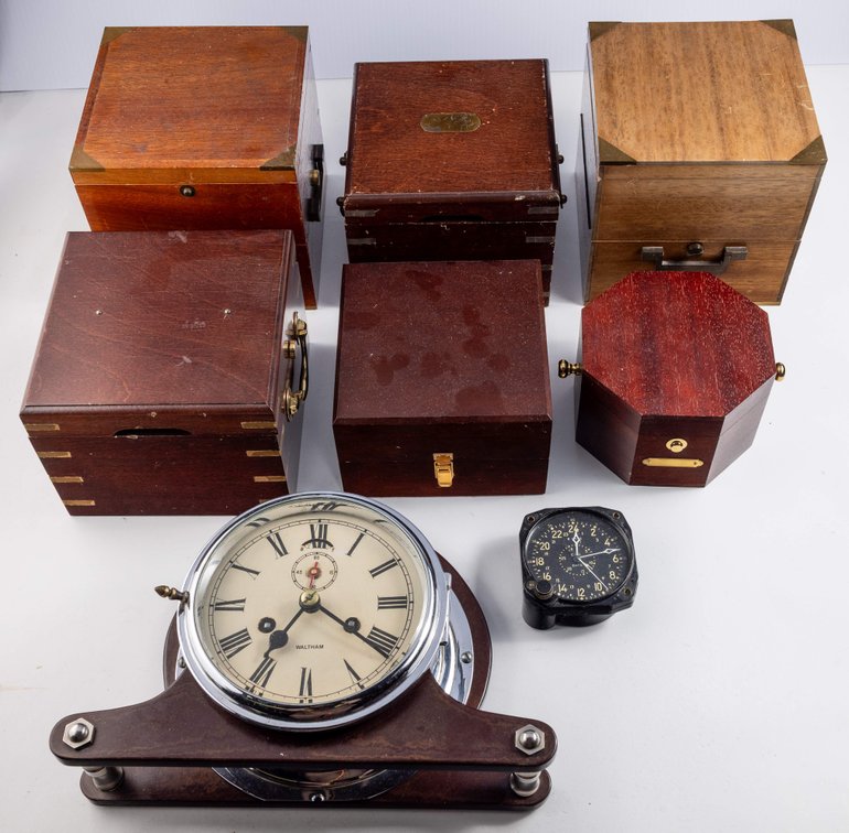 Lot (8) Assorted clocks and marine chronometers