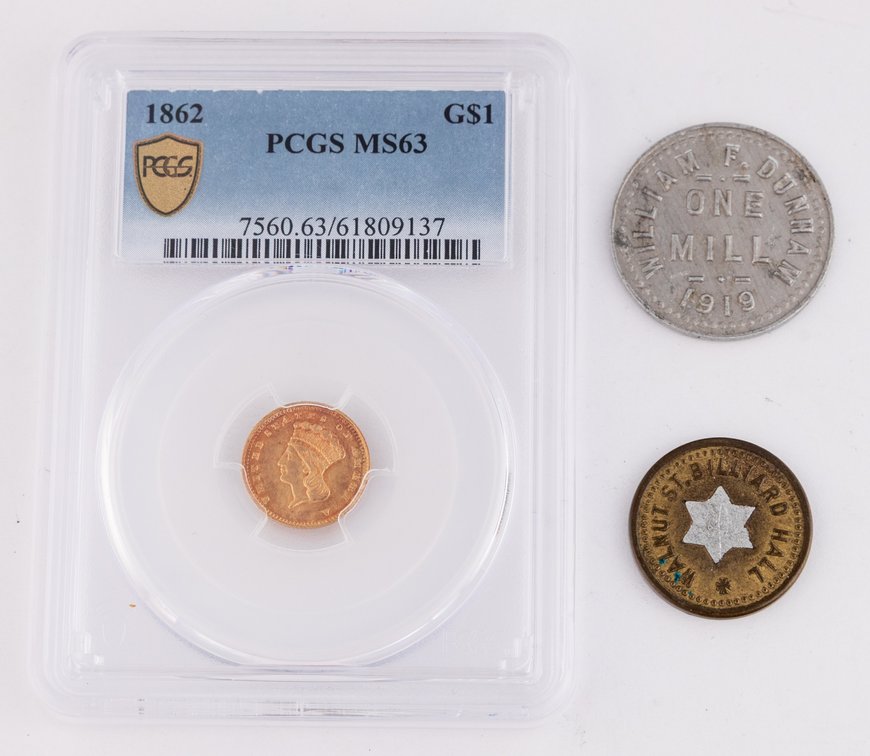 US Coin & Token lot (3) $1 Gold,1862, PCGS MS63 & two early tokens.