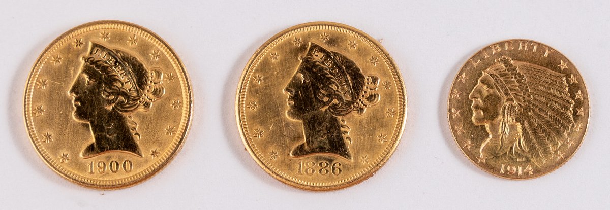 US Gold Coin lot (3) Two $5 Liberty Head and one $2.5 Indian Head