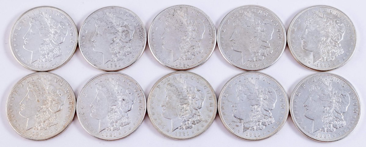US Coin Lot (10) Morgan Silver Dollars, 1921-D, details grades