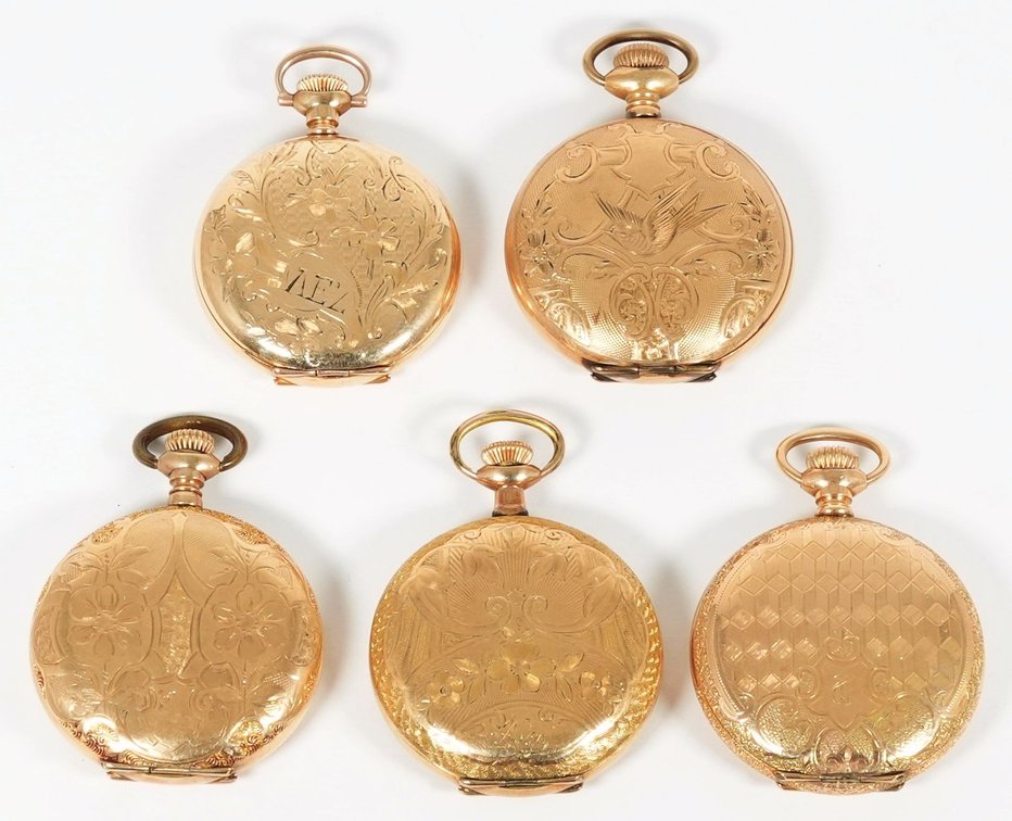 Lot (5) Three pendant watches and two HC only, gold-filled, one runs