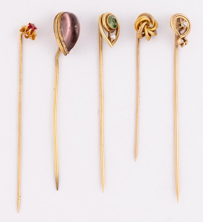 Jewelry lot (5) Antique stick pins in 10K set with gemstones