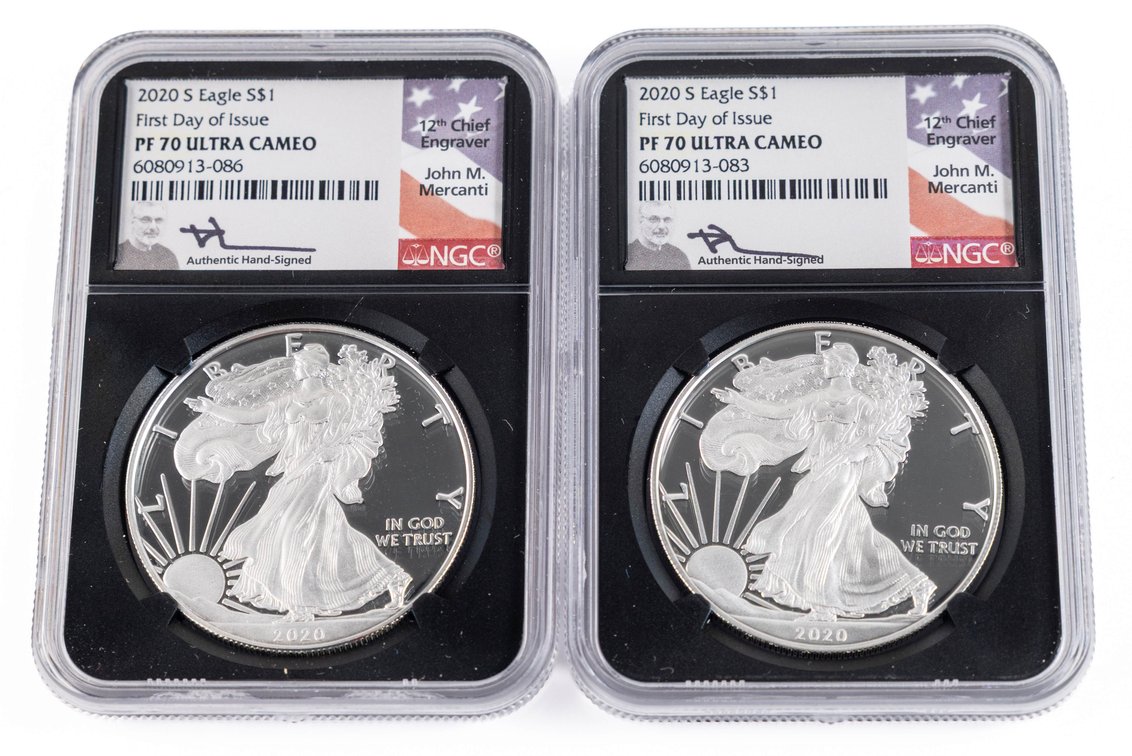 American Silver Eagles (2) 2020-S, NGC PF70, 1st day of issue