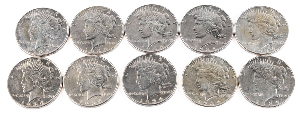 US Coin Lot (10) Peace Silver Dollars, 1934, details grades