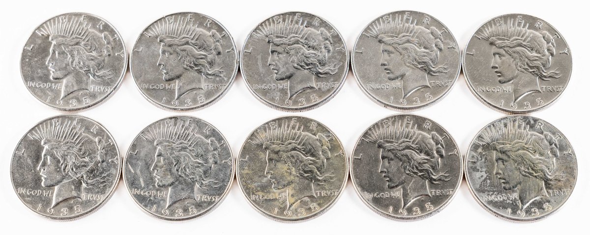 US Coin Lot (10) Peace Silver Dollars, 1935, details grades