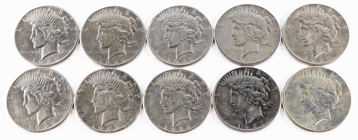 US Coin Lot (10) Peace Silver Dollars, 1927, details grades