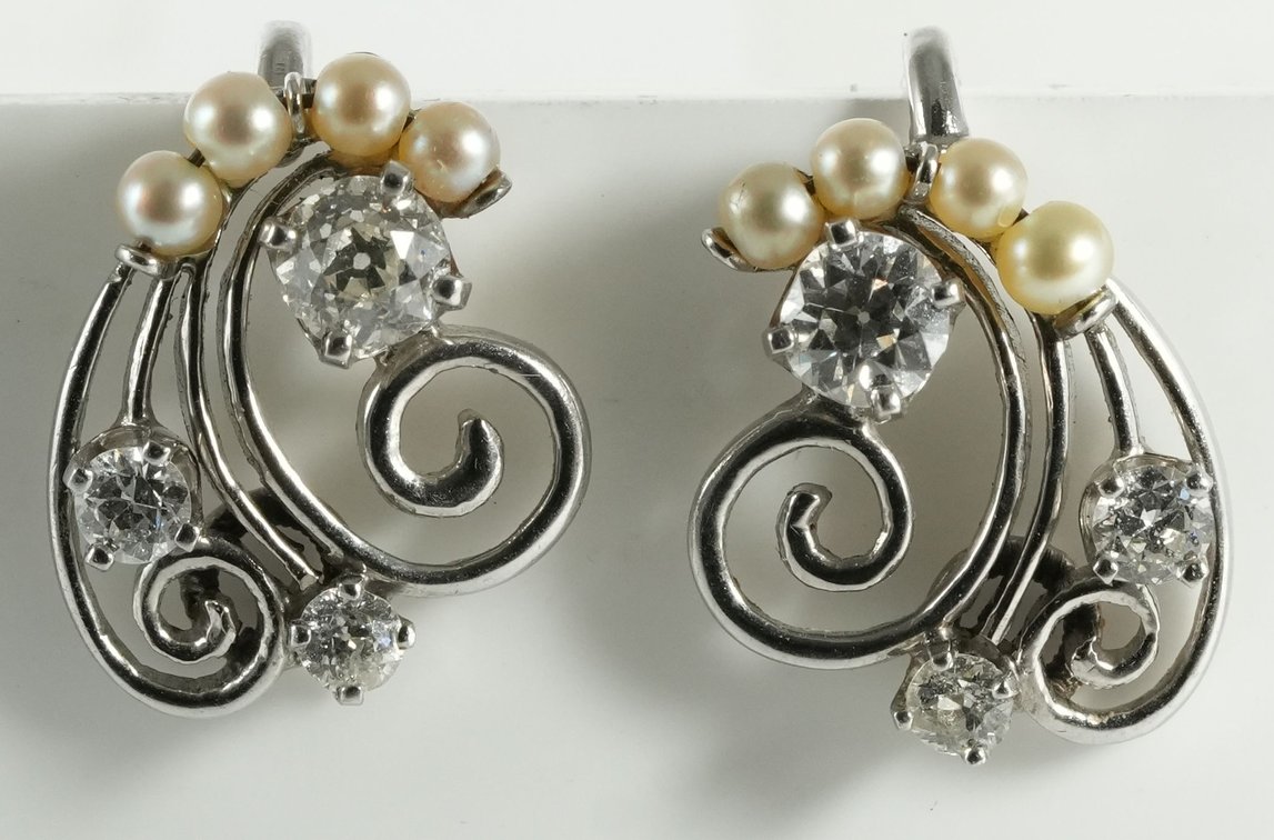Diamond, pearl and 14K white gold clip-on earrings w/Box