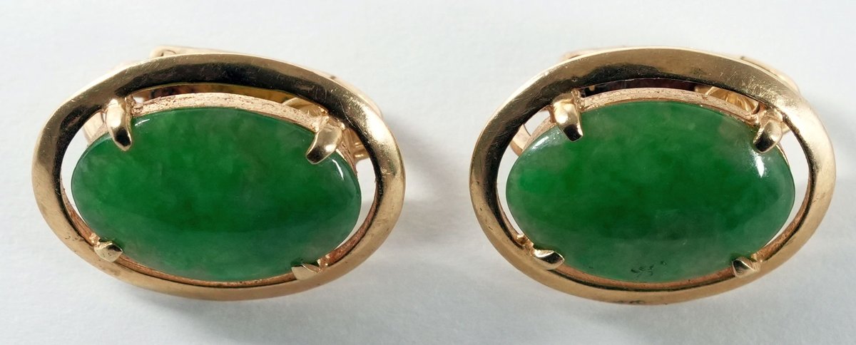 Jadeite and 14K yellow gold clip-on earrings w/Box