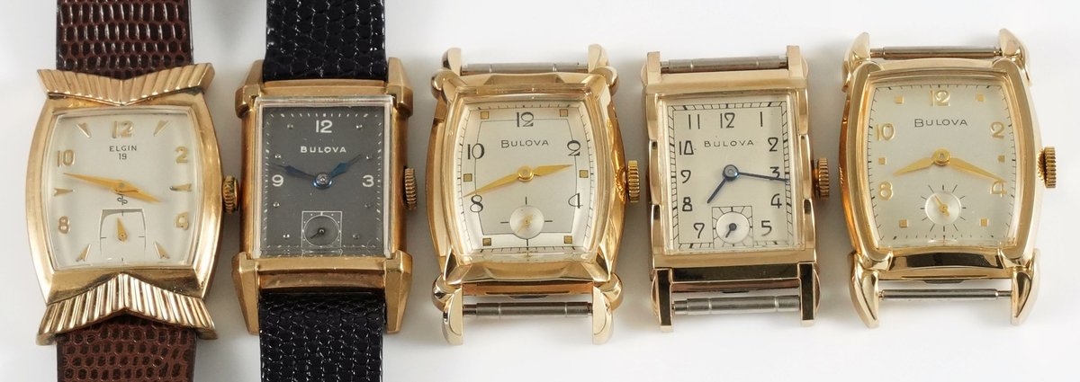 WW lot (5) American & Swiss Art Deco manual wind models in gold-filled cases, all run