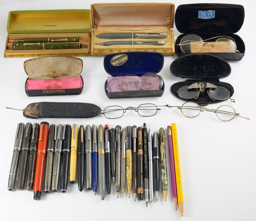 Lot (36) Assorted pens, pencils, spectacles, and cases