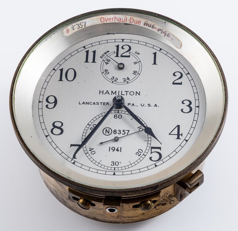 Hamilton, Model 21, World War II era marine chronometer in aluminum shipping container