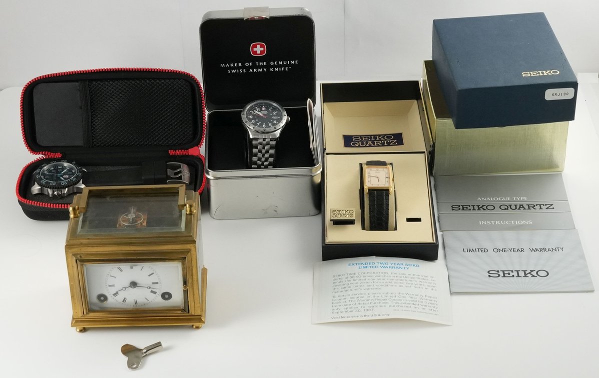 WW & clock lot (4) Swiss & Japanese quartz watches and brass carriage clock, NR