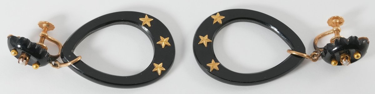 Onyx & 14K yellow gold vintage hoop earrings