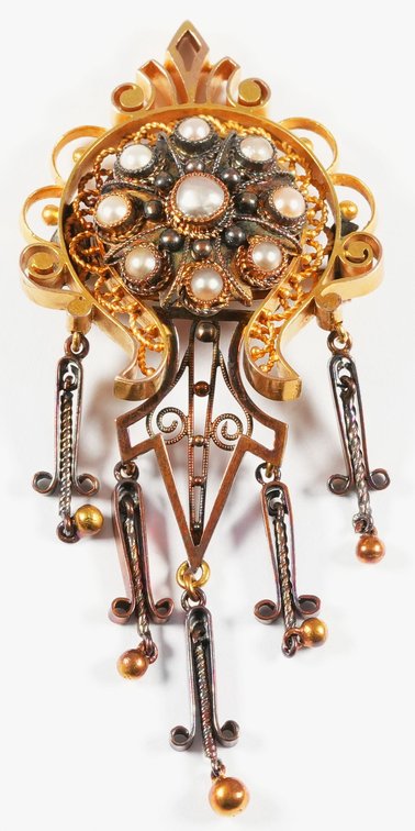 Pearl & 18K yellow gold antique Etruscan style pin