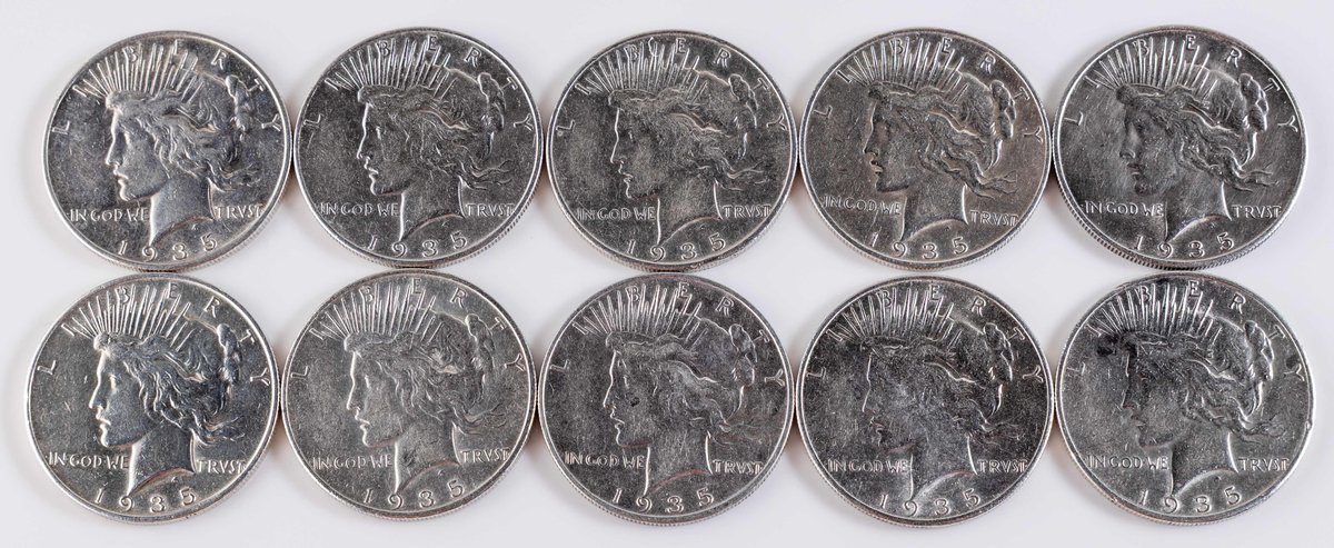US Coin Lot (10) Peace Silver Dollars, 1935-S, details grades