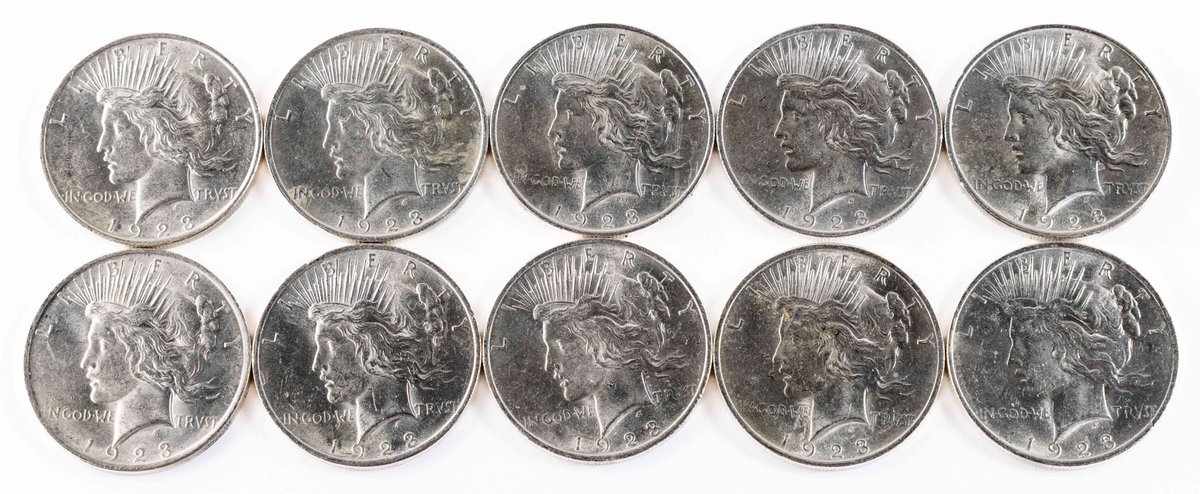 US Coin Lot (10) Peace Silver Dollars, 1923, details grades