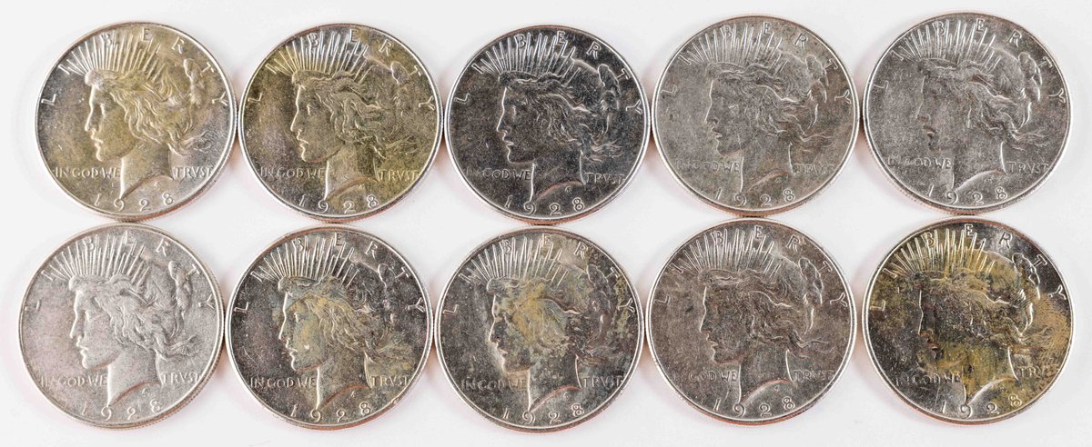 US Coin Lot (10) Peace Silver Dollars, 1928-S, details grades