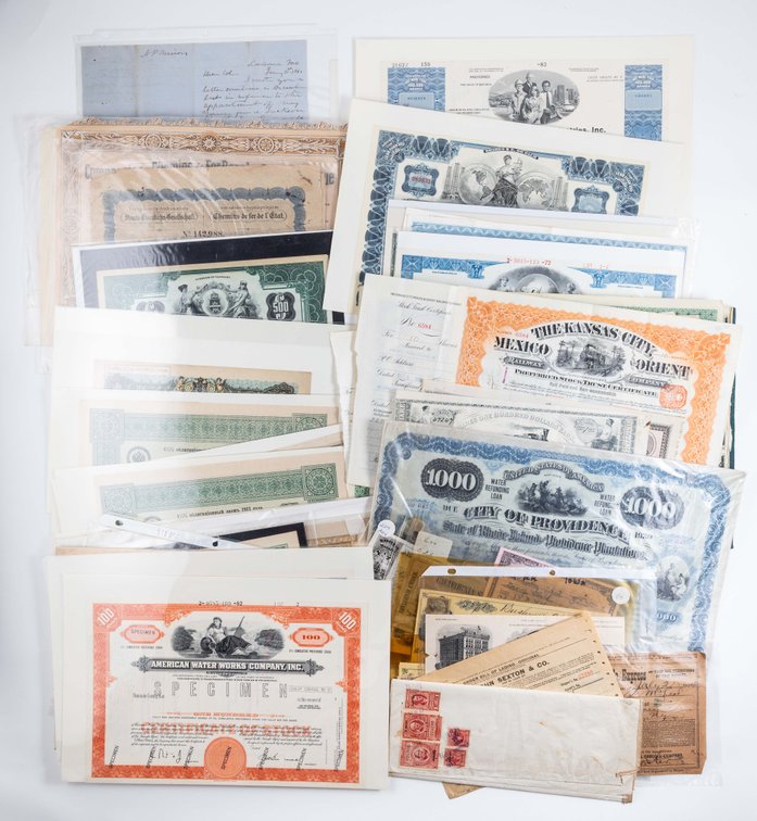 Ephemera lot (75) Assorted cancelled stock & bond certificates, checks, billheads, etc.