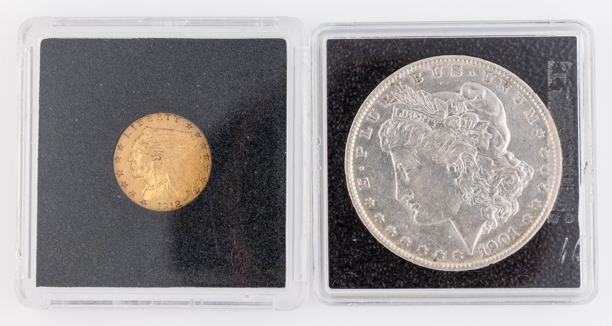 US Coin lot (2) $2.5 Indian gold, 1912 & Morgan Dollar, 1901