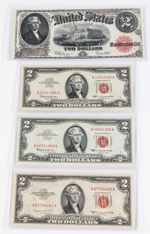 US Currency lot (4) One series 1917 $2 Legal Tender Note & three other US small-size $2 notes