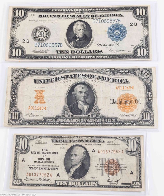 US Currency lot (3) Three $10 notes, series of 1907, 1914 & 1929