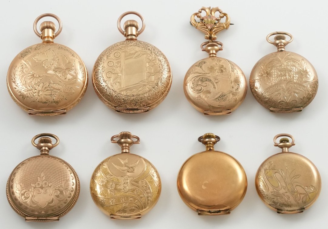 Lot (8) seven ladies' pendant watches & one case only, attractive gold-filled HCs, three run