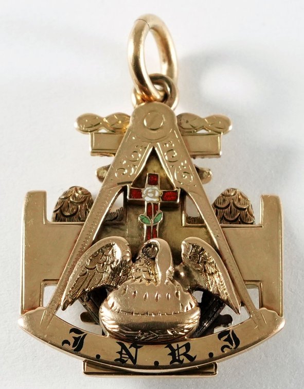 Heavy 14K gold and enamel Scottish Rite Freemason watch fob