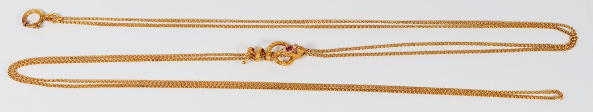 Ruby, pearl & 18K yellow gold sliding watch chain by Gay Freres