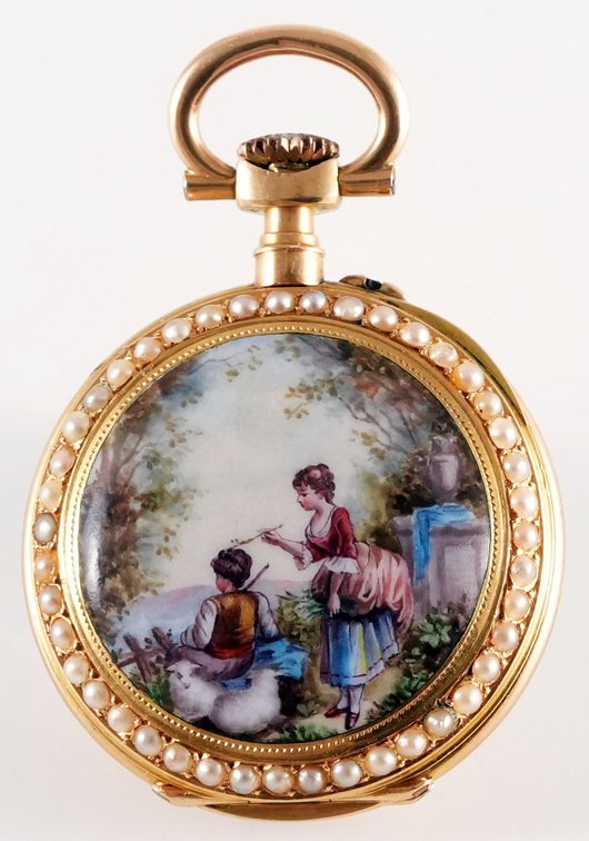 Weil Freres, miniature 18K pendant watch w/enamel scene