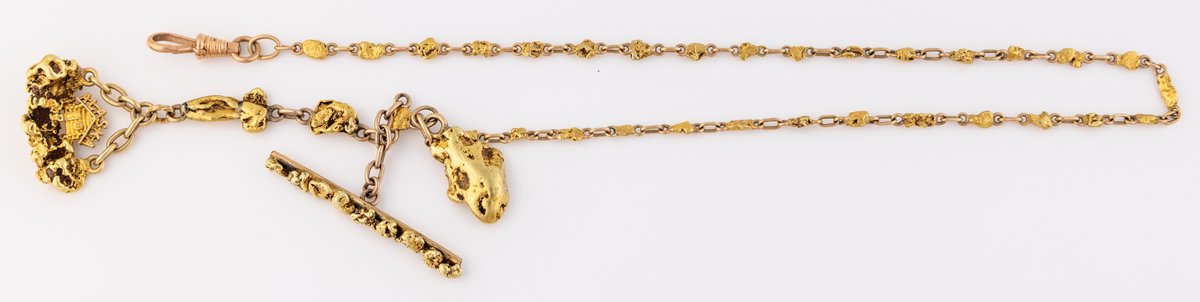 14K gold watch chain with 22K gold nugget links & nugget fobs