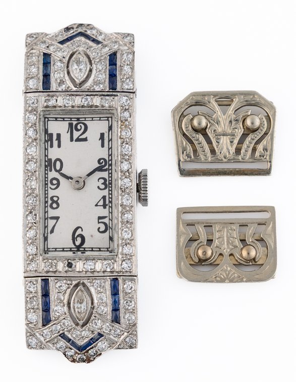 Lady's M & W Ullmann diamond & sapphire cocktail watch, manual wind in platinum