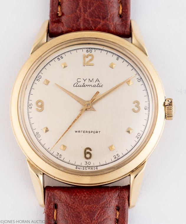 Cyma Watersport, bumper automatic in 14K, Saints & Sinners Club gift to Gen. Lewis B. Hershey