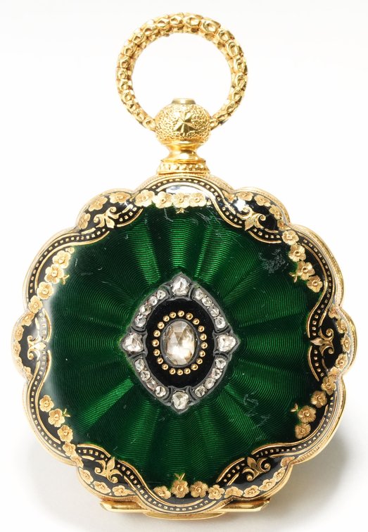 David J Magnin, heavy 18K HC pendant watch w/beautiful enameling and inset diamonds
