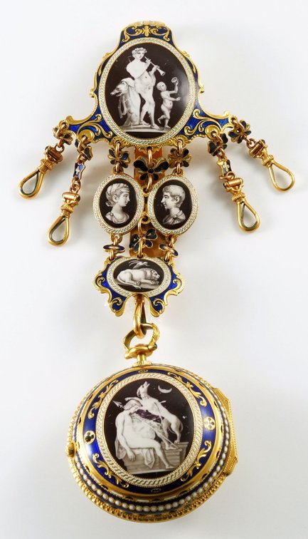 John Ellicott, verge fusee, 22K outer case w/magnificent enamel, matching gilt chatelaine