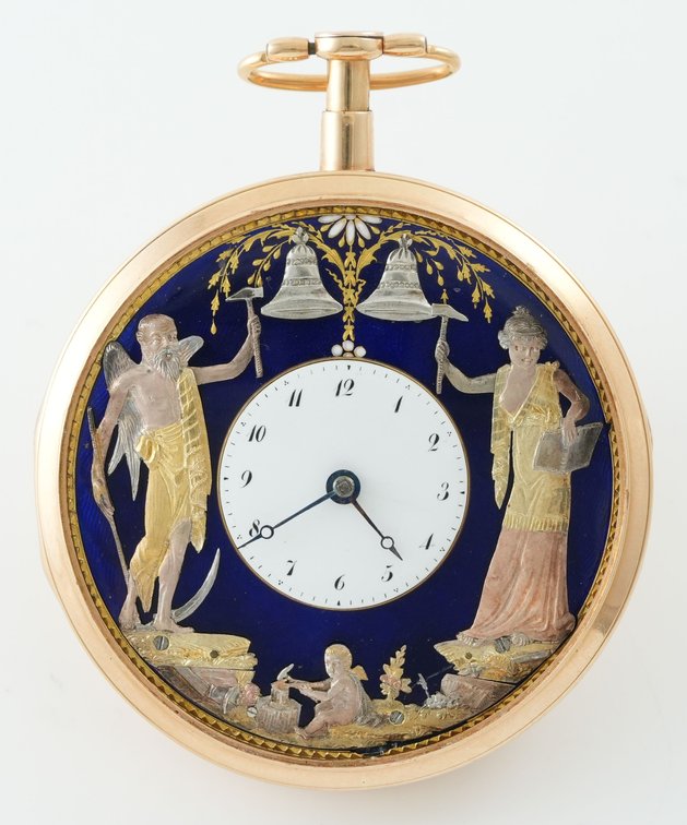 Continental, three-hammer carillon quarter-repeater w/three jacquemarts, 18K