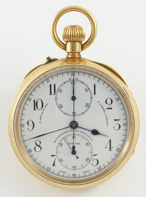 S Smith & Son, chronograph w/register, 18K, 51mm