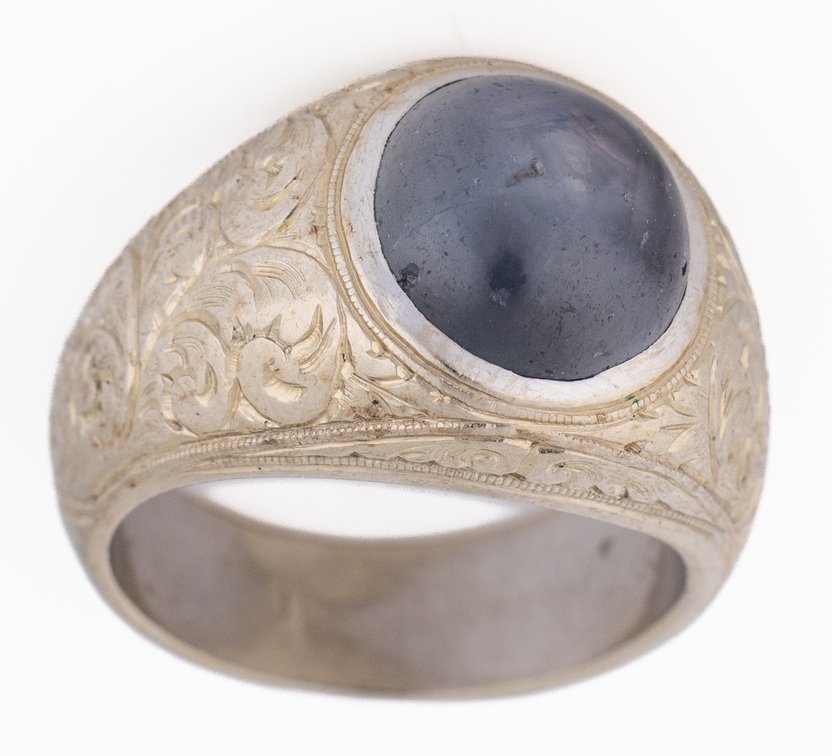 Star sapphire & 14K white gold men's ring