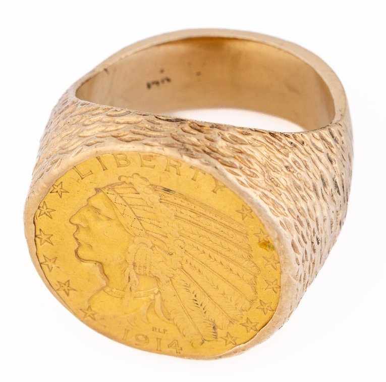 Men's $5 Indian Head Gold Half Eagle & 14K yellow gold ring