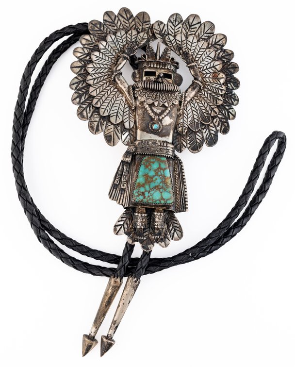 Native American eagle dancer bolo tie in sterling silver & turquoise