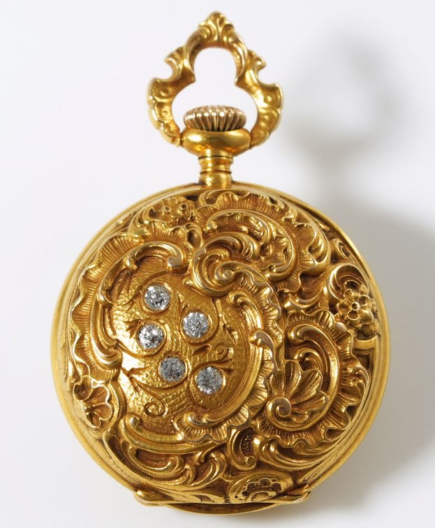 Swiss, 14K miniature pendant watch w/exquisite chased detail