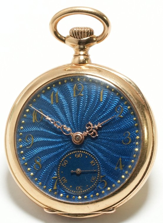 Swiss, 18K pendant watch w/guilloche enamel dial