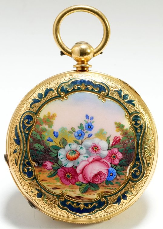 James Lemly, 18K HC pendant watch w/beautiful enamel detail, 42mm