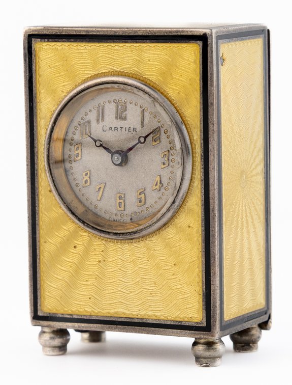 Cartier, Belle Epoque enamel mignonette miniature desk clock in sterling silver & enamel